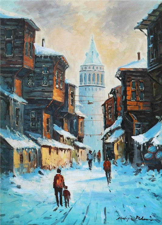 Galata Kulesi Kar Zamanı Yağlı Boya Tablosu