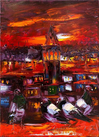 Galata Güvercinleri Yağlı Boya Tablosu