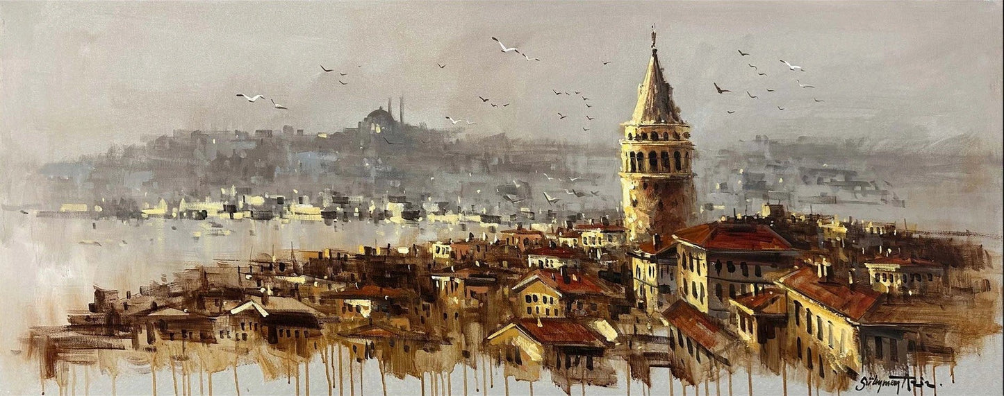 Galata Kulesi İzlerken Yağlı Boya Tablosu