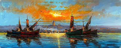 Galata Kulesi'nin Gölgesinde Tekneler Yağlı Boya Tablosu
