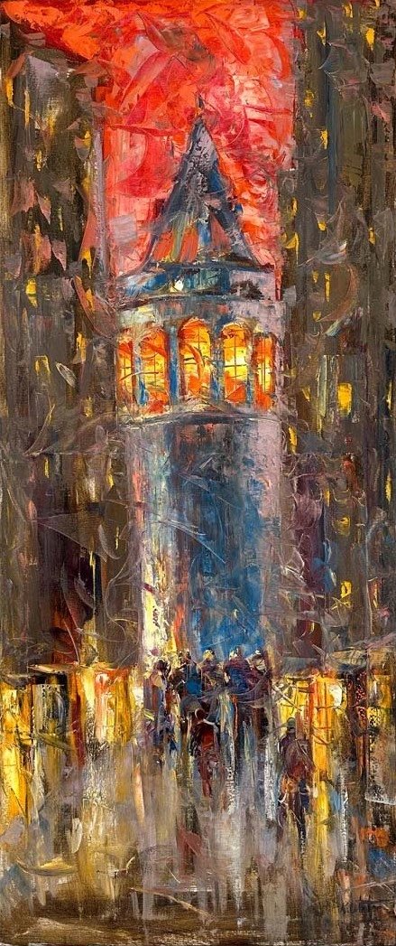 Galata'nın Gece Işıkları Yağlı Boya Tablosu