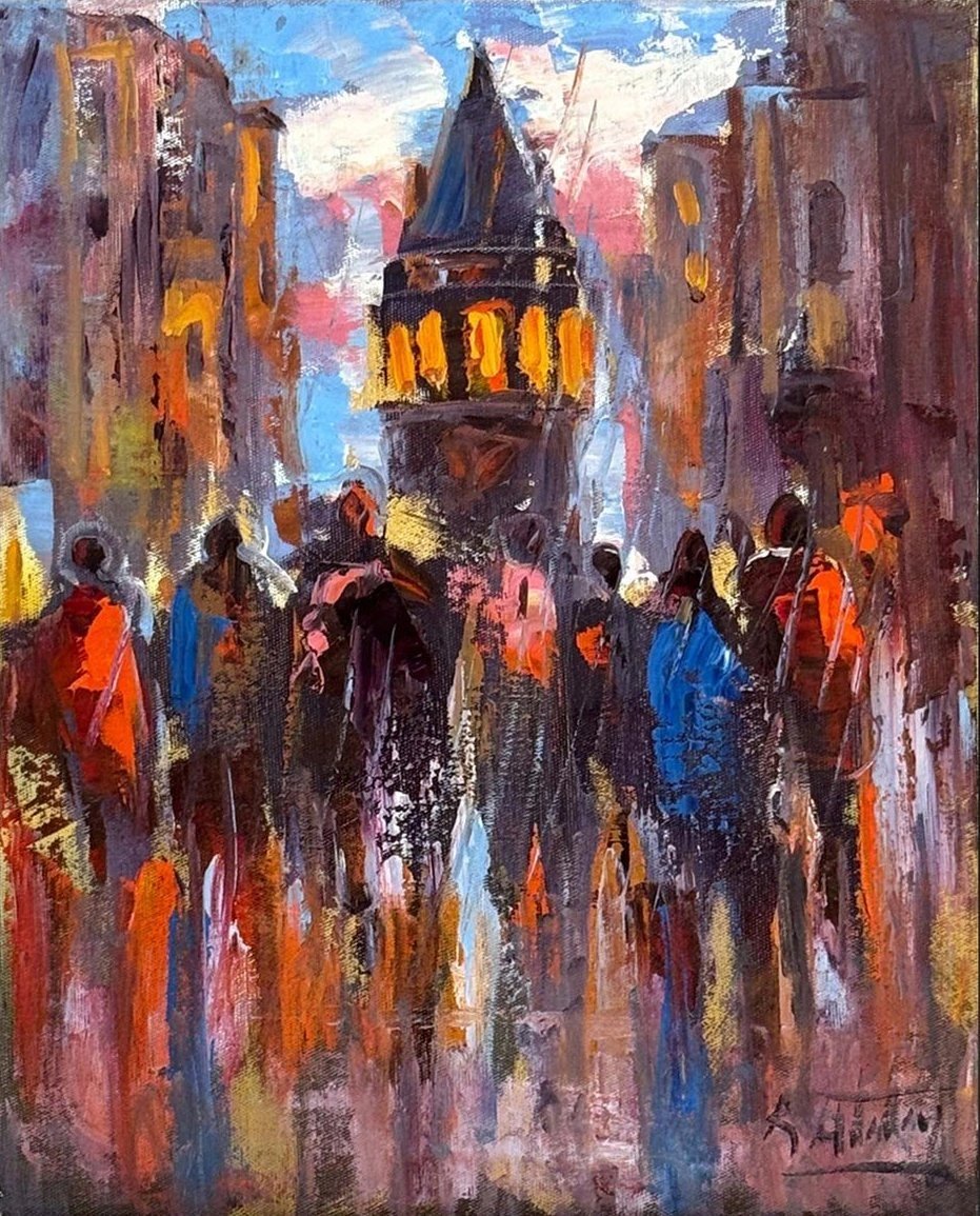 Galata’da Kalabalığı Yağlı Boya Tablosu