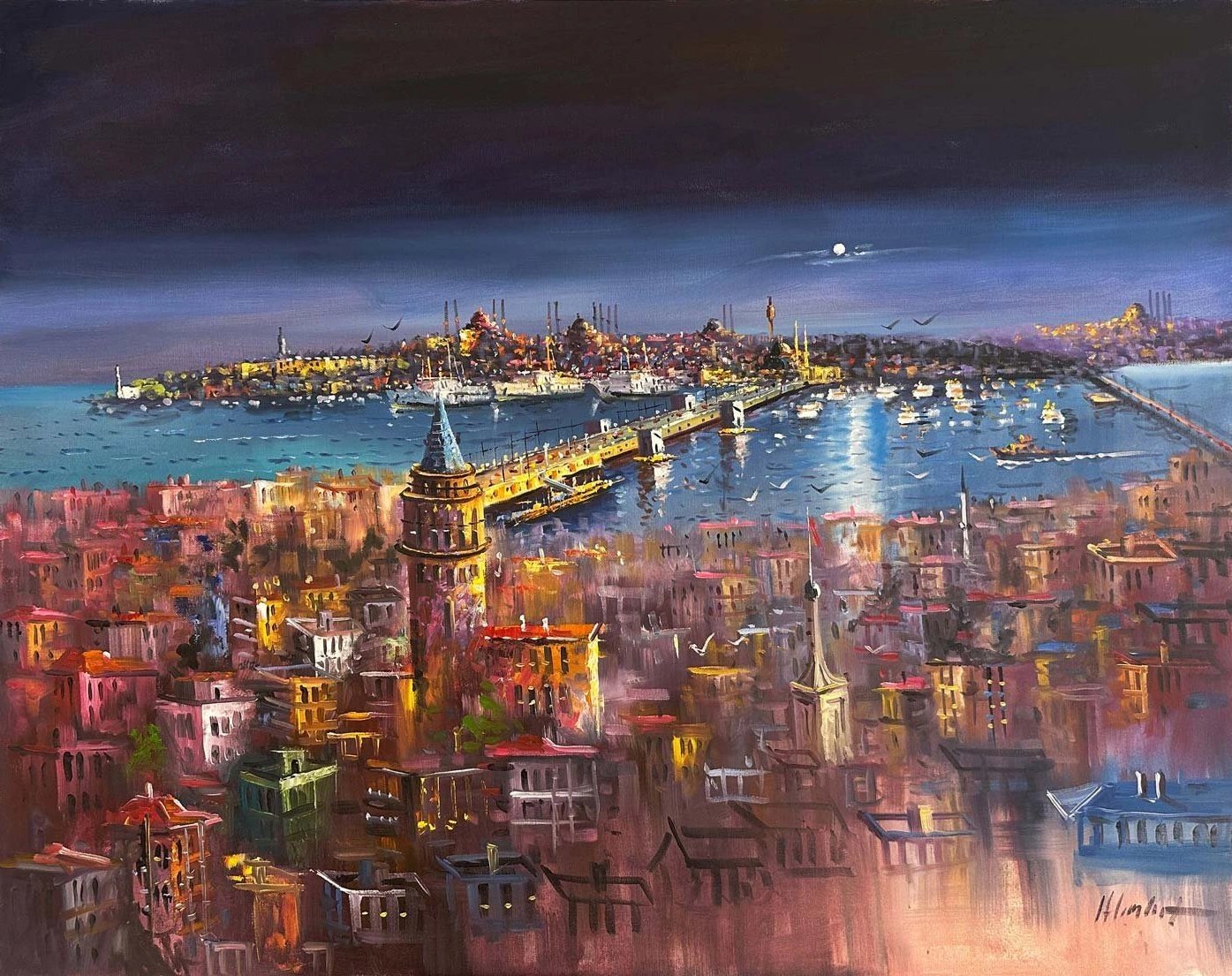 Gece İstanbul Boğazı Yağlı Boya Tablosu