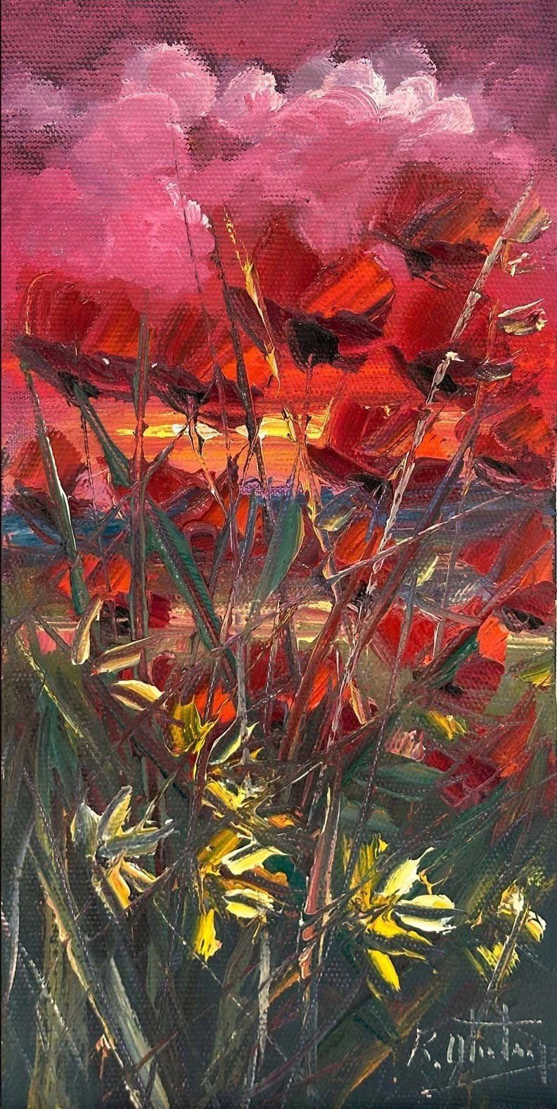 Gelincik Bahçesinde Günbatımı Yağlı Boya Tablosu