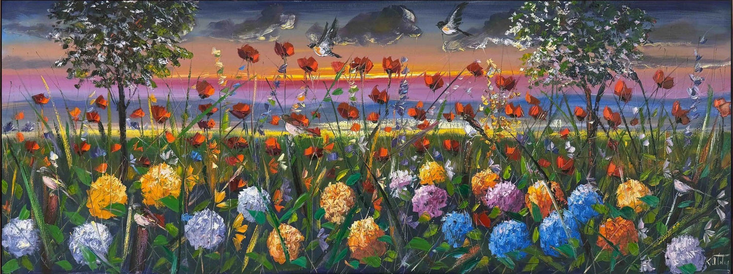 Gelinciklerle Dans Eden Ortancalar Yağlı Boya Tablosu