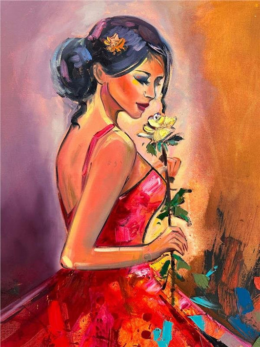 Gül ve Kadının Zarafeti Yağlı Boya Tablosu