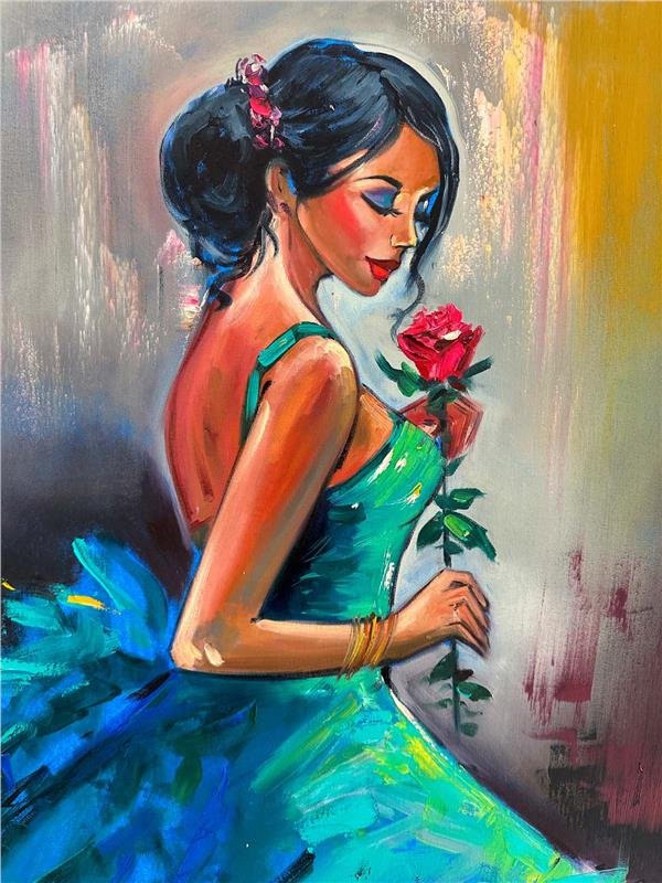 Gül Kokulu Zarif Kadın Yağlı Boya Tablosu