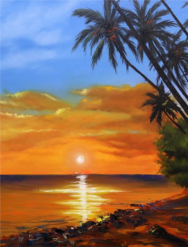 Günün Son Işığı Sahilde Yağlı Boya Tablosu