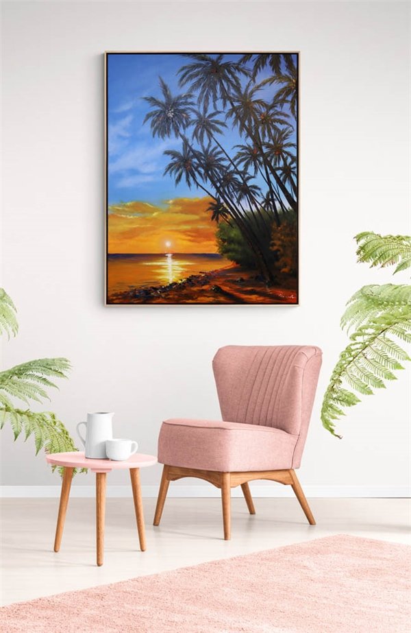 Günün Son Işığı Sahilde Yağlı Boya Tablosu