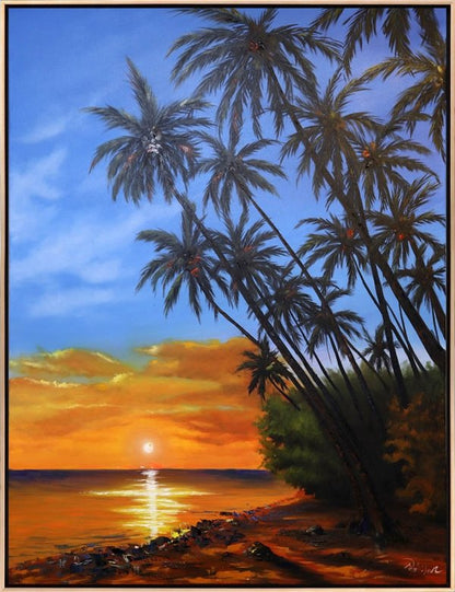 Günün Son Işığı Sahilde Yağlı Boya Tablosu