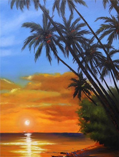 Günün Son Işığı Sahilde Yağlı Boya Tablosu