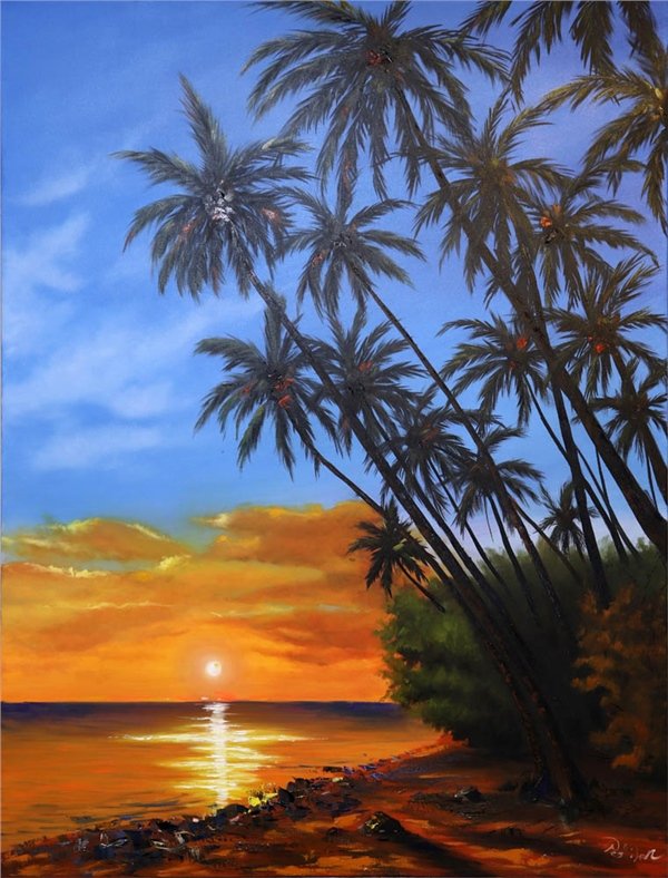 Günün Son Işığı Sahilde Yağlı Boya Tablosu