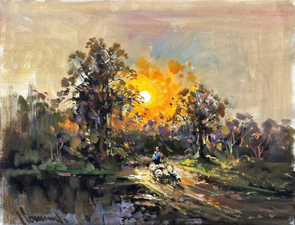Gün Batımında Köy Yolu Yağlı Boya Tablosu