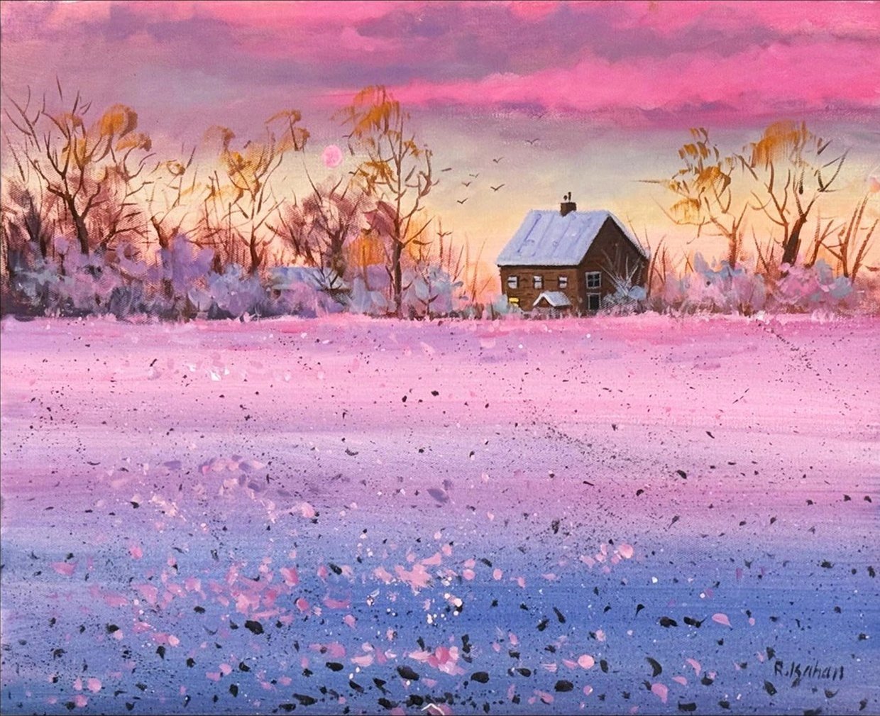 Günbatımında Kar Yağlı Boya Tablosu