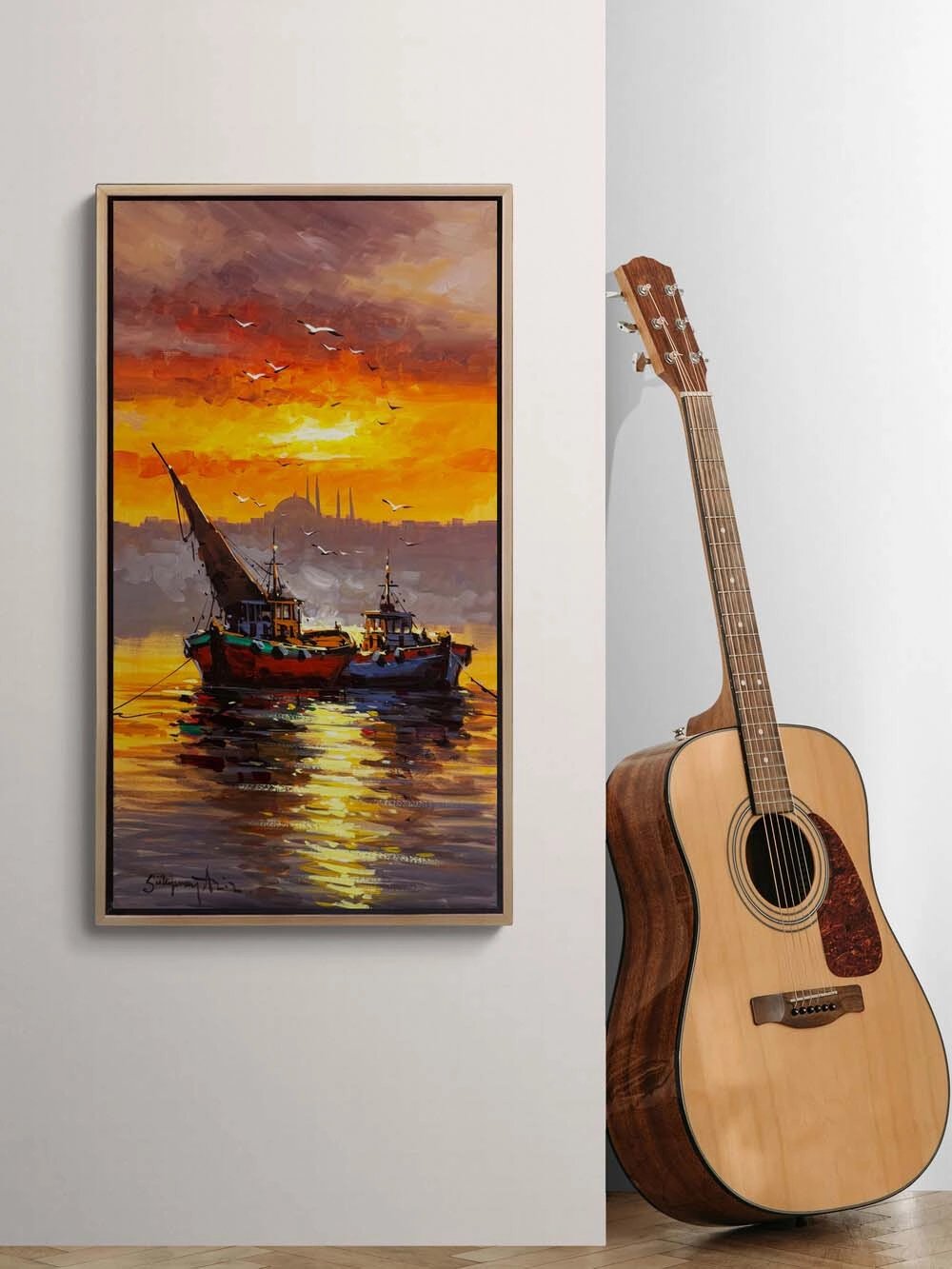 İki Tekne, Bir Akşam Yağlı Boya Tablosu