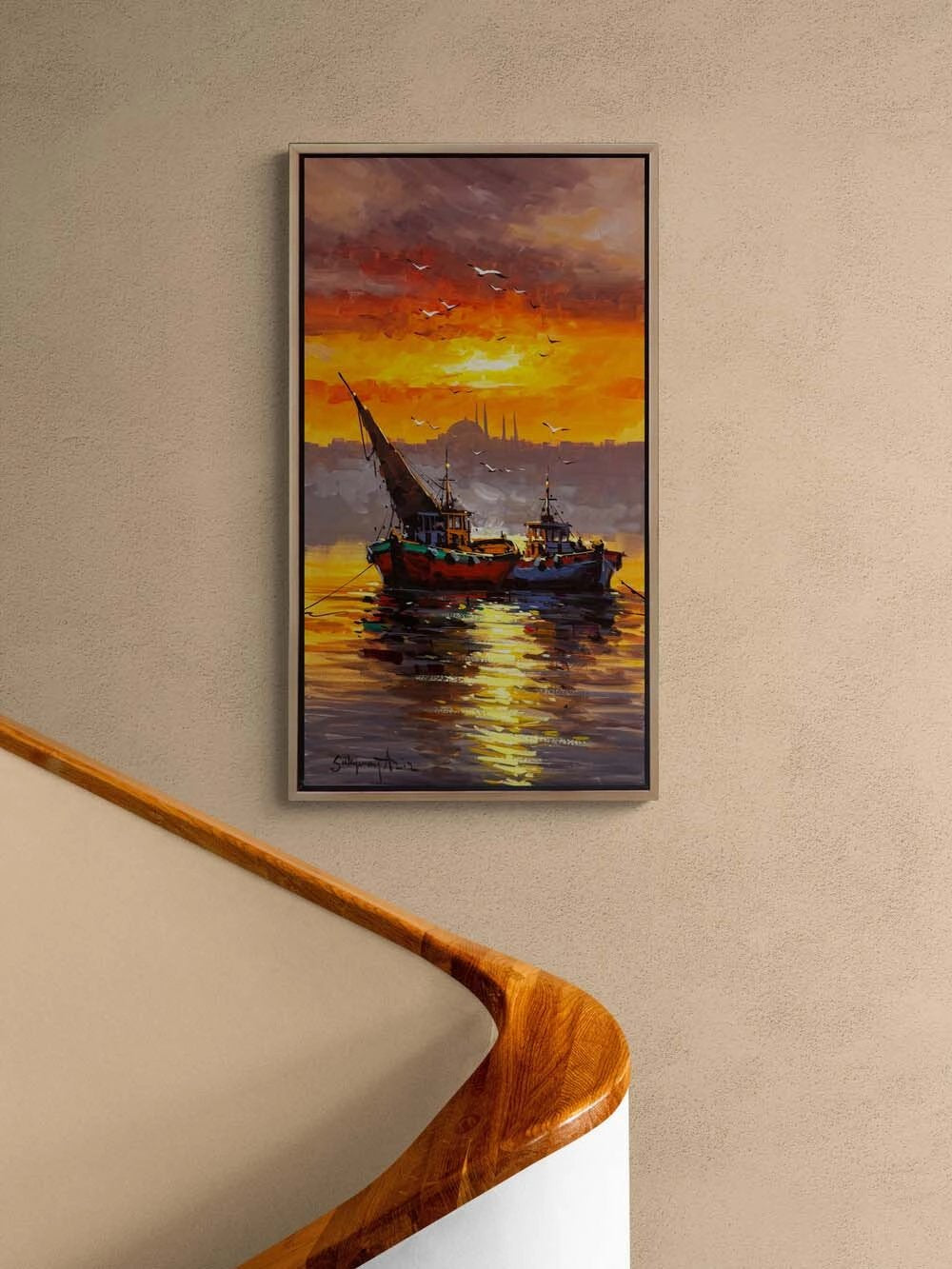 İki Tekne, Bir Akşam Yağlı Boya Tablosu