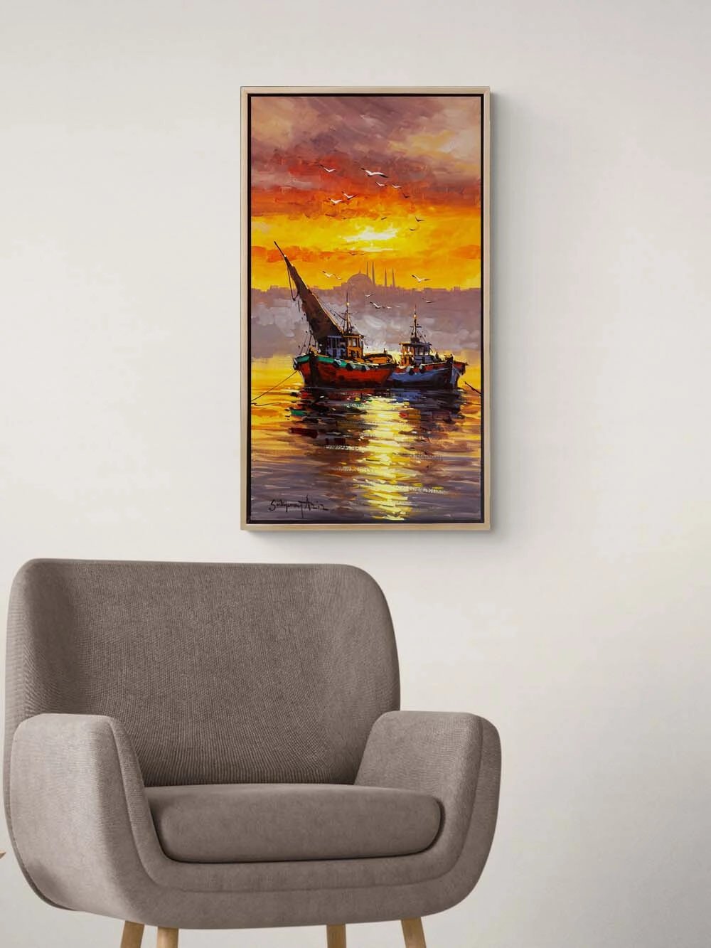 İki Tekne, Bir Akşam Yağlı Boya Tablosu