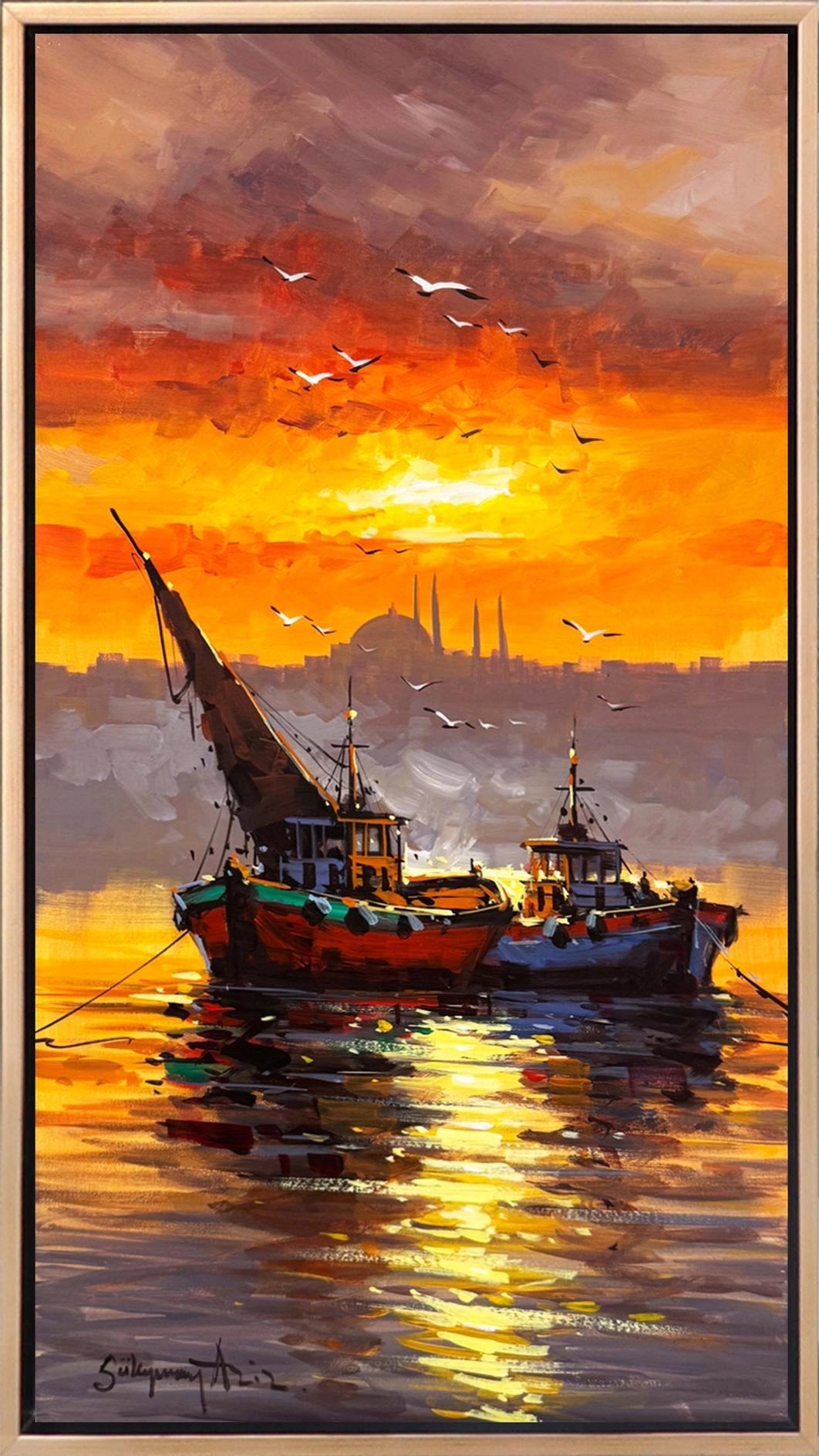 İki Tekne, Bir Akşam Yağlı Boya Tablosu