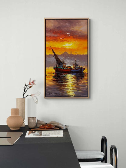 İki Tekne, Bir Akşam Yağlı Boya Tablosu