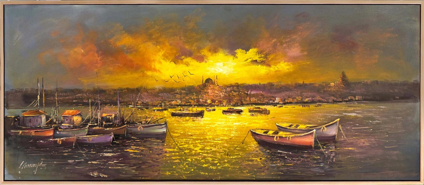 İskeleden Gün Batımı Yağlı Boya Tablosu