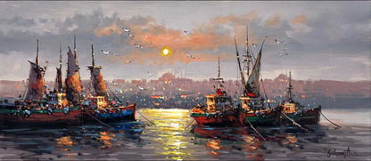 İstanbul Boğazı Son Işıkları Yağlı Boya Tablosu