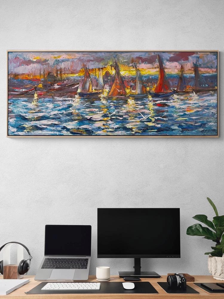 İstanbul Boğazında Yelkenliler Yağlı Boya Tablosu