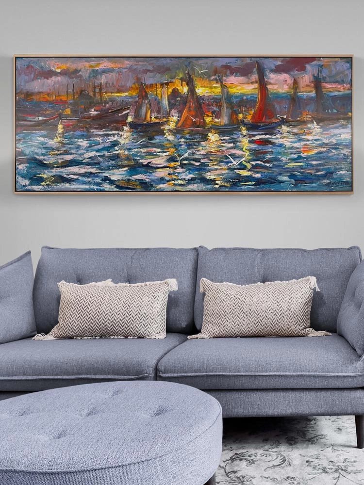 İstanbul Boğazında Yelkenliler Yağlı Boya Tablosu