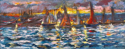 İstanbul Boğazında Yelkenliler Yağlı Boya Tablosu