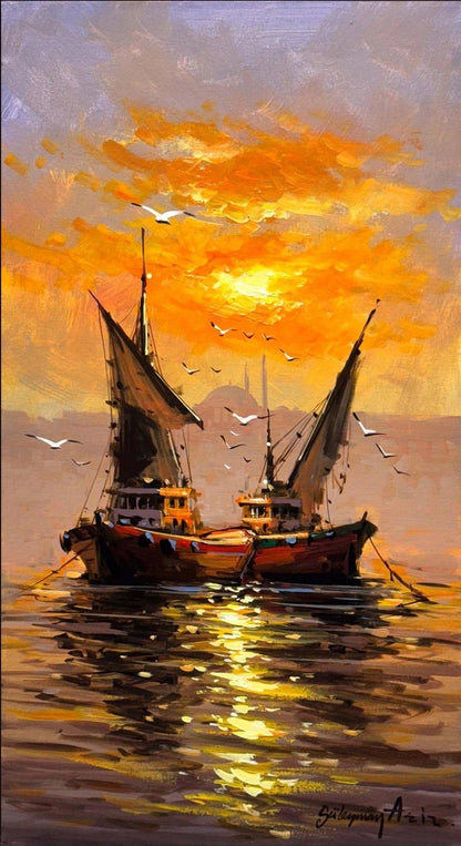 İstanbul Boğazının Balıkçıları Yağlı Boya Tablosu