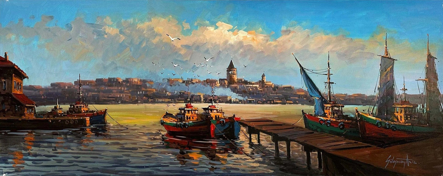 İstanbul'un Ruhunda Boğaz ve Galata Yağlı Boya Tablosu
