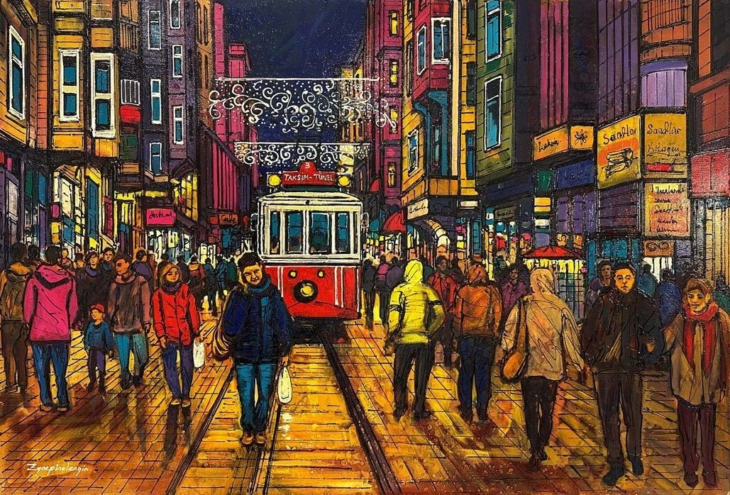 İstiklal Caddesi Kalabalığı Yağlı Boya Tablosu