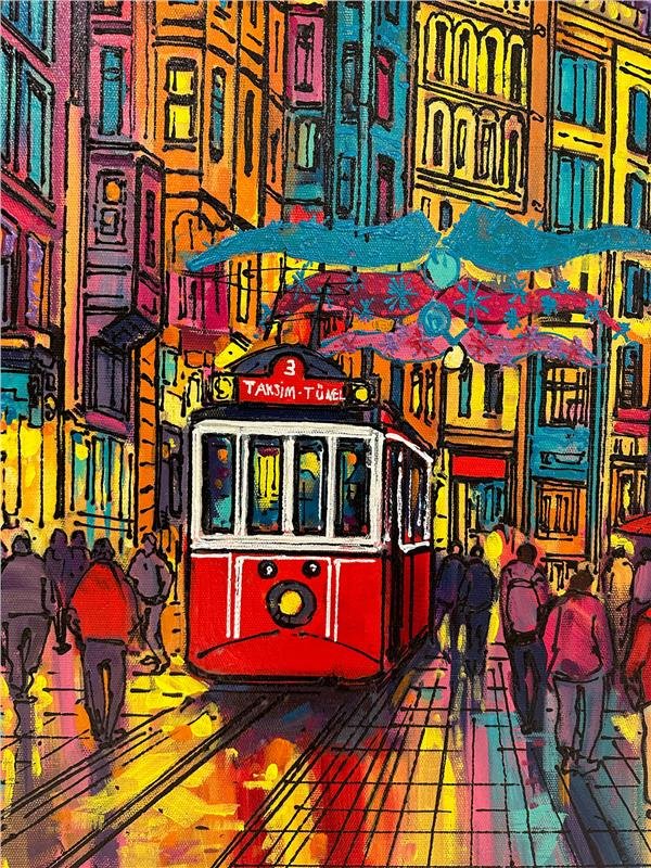 Renkli İstiklal Caddesi Yağlı Boya Tablosu
