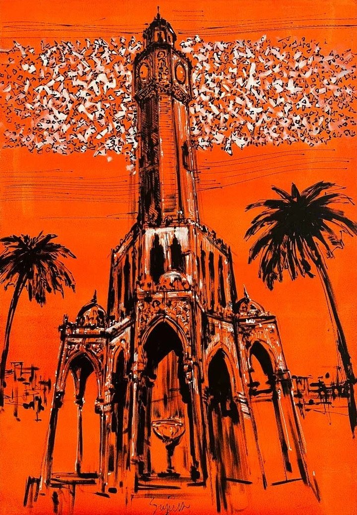 İzmir'in Simgesi Saat Kulesi Yağlı Boya Tablosu