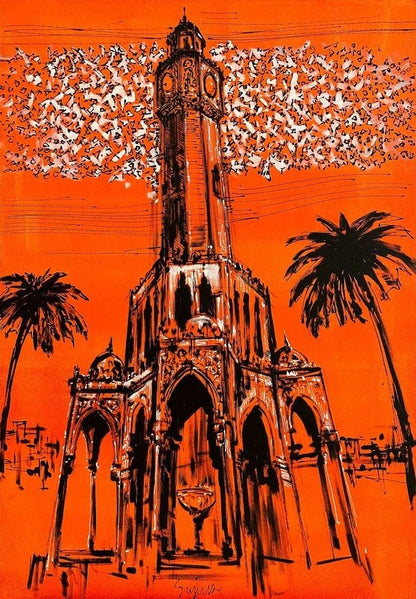 İzmir'in Simgesi Saat Kulesi Yağlı Boya Tablosu