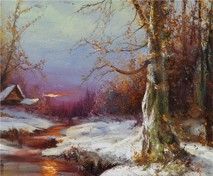 Dere Kenarında Kış Beyazı Yağlı Boya Tablosu