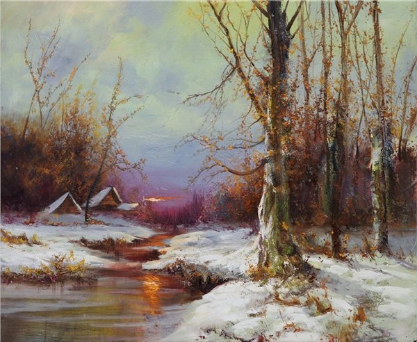 Dere Kenarında Kış Beyazı Yağlı Boya Tablosu