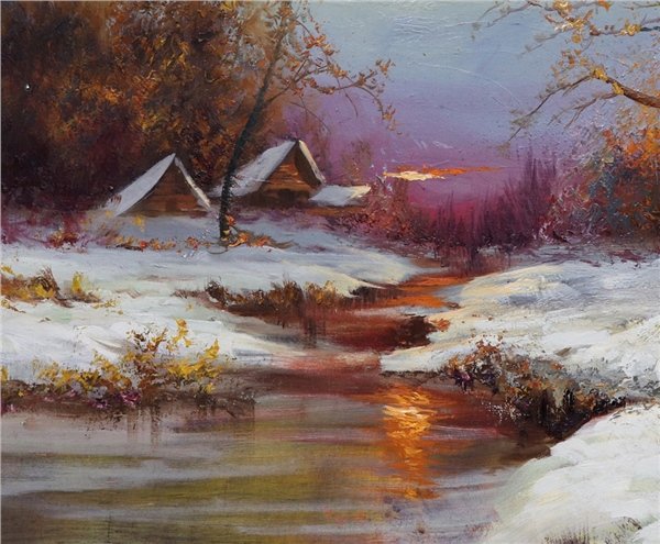 Dere Kenarında Kış Beyazı Yağlı Boya Tablosu