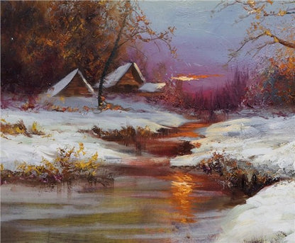 Dere Kenarında Kış Beyazı Yağlı Boya Tablosu