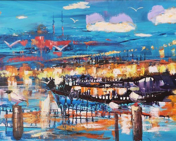 Karaköy'de Güvercinler Yağlı Boya Tablosu