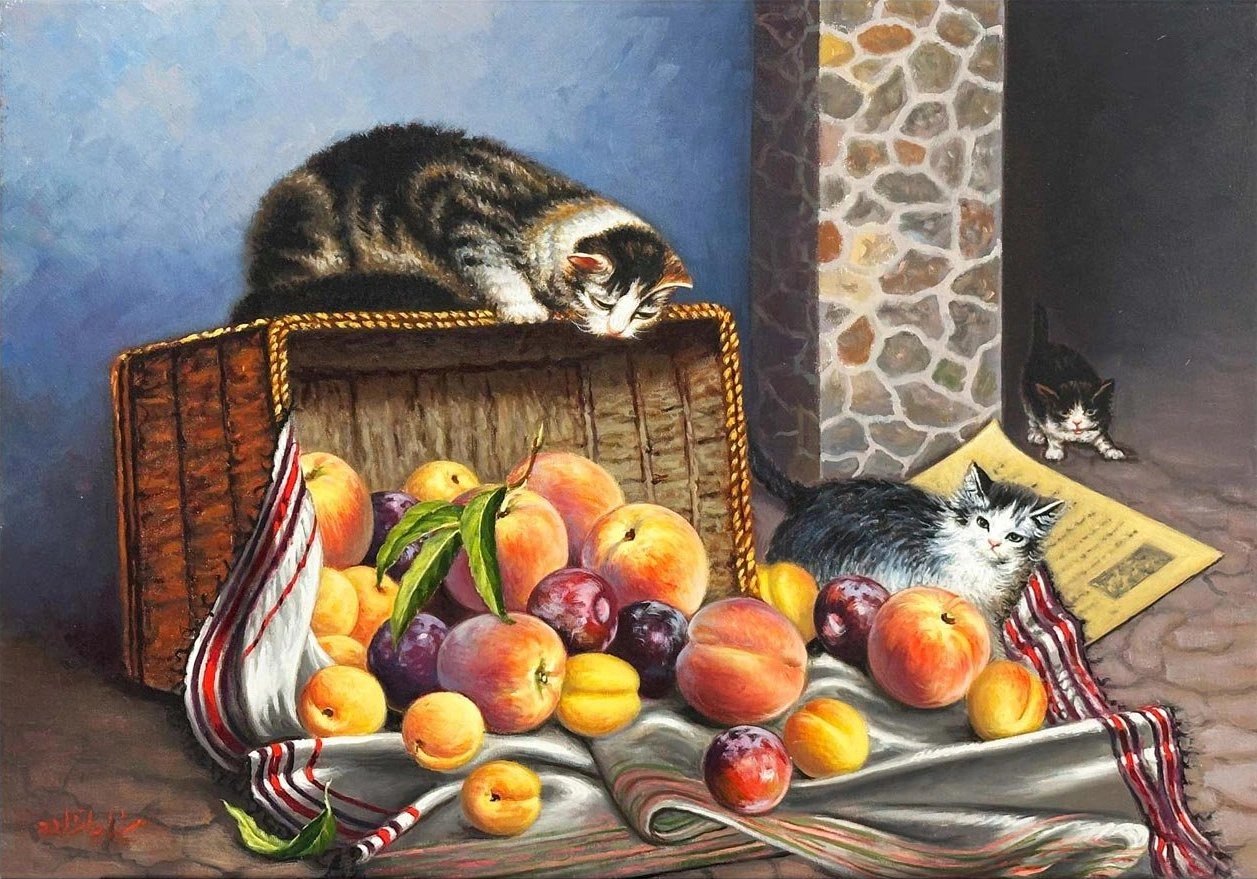 Kediler Meyve Sepetinde Yağlı Boya Tablosu