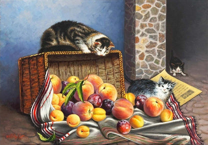 Kediler Meyve Sepetinde Yağlı Boya Tablosu