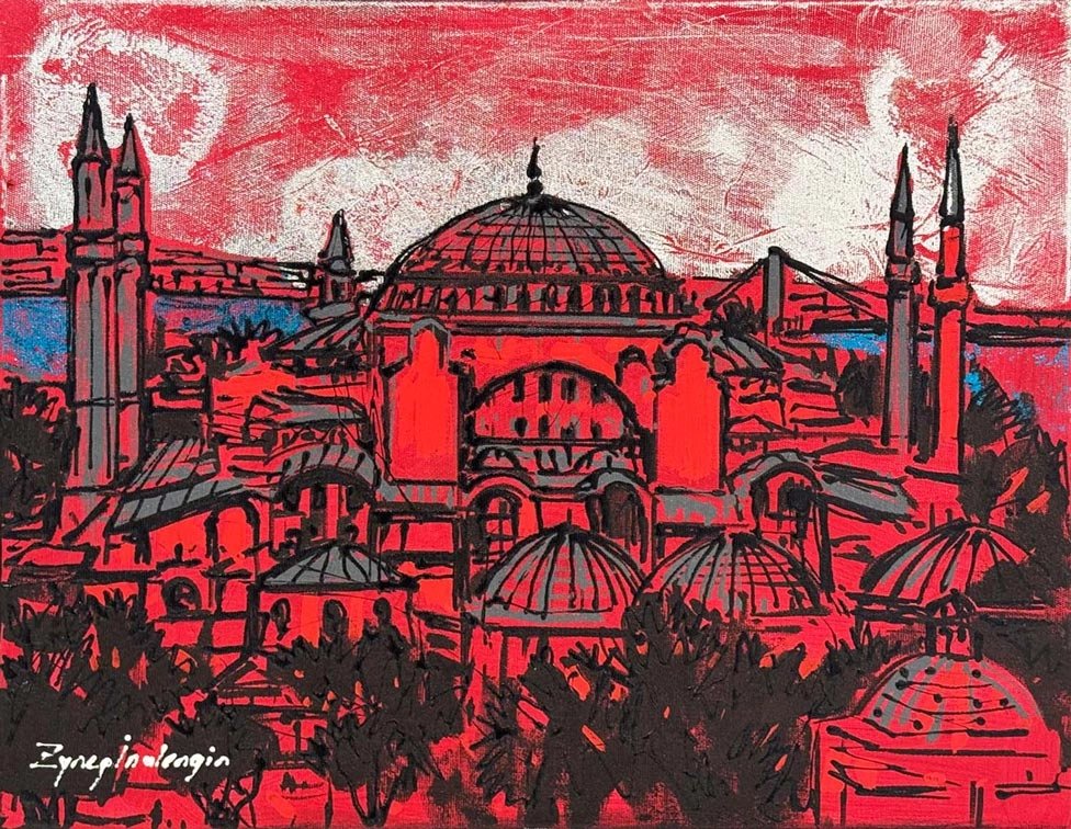 Kırmızı Ayasofya Cami Yağlı Boya Tablosu