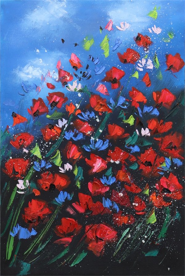 Kırmızı Çiçekler Yağlı Boya Tablosu