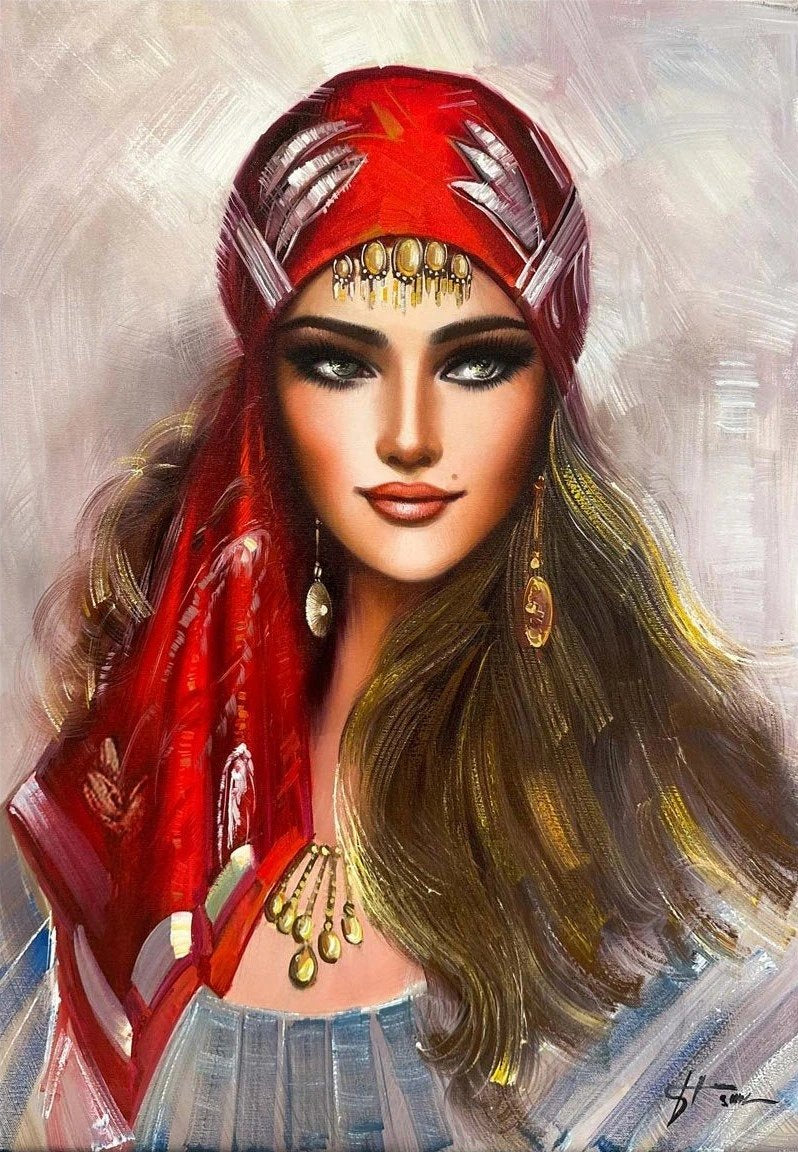 Kırmızı Yazmalı Acem Kızı Yağlı Boya Tablosu