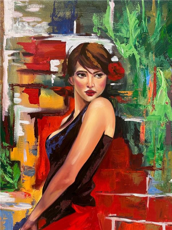 Kırmızılı Kadın Yağlı Boya Tablosu