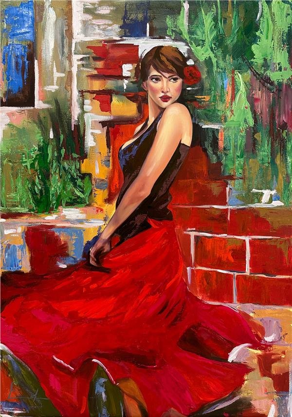 Kırmızılı Kadın Yağlı Boya Tablosu