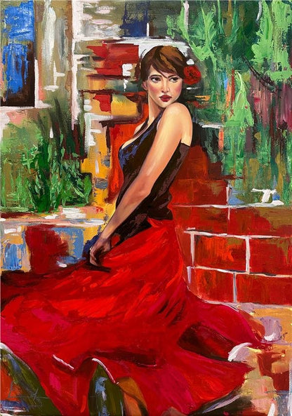 Kırmızılı Kadın Yağlı Boya Tablosu