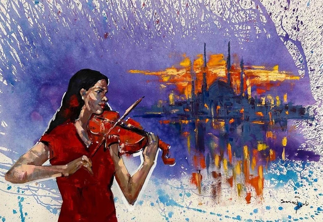 Kırmızılı Kemancı Yağlı Boya Tablosu