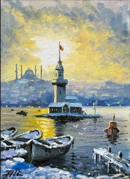 Kış Işığında Kız Kulesi Yağlı Boya Tablosu