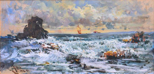 Kayalara Vuran Dalgalar Yağlı Boya Tablosu